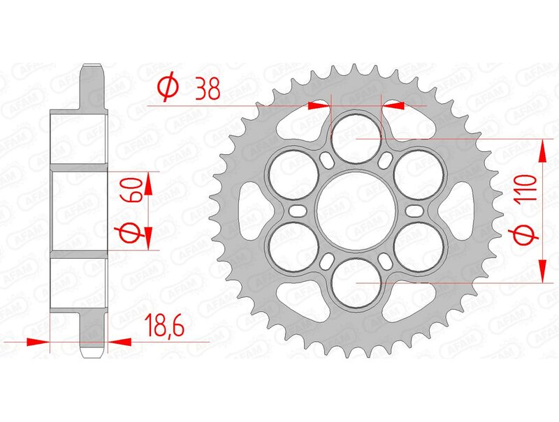 AFAM Steel Standard bakdrev 50801 - 525 med tekniska specifikationer. Passar Ducati-modeller och erbjuder optimal kraftöverföring och slitstyrka.