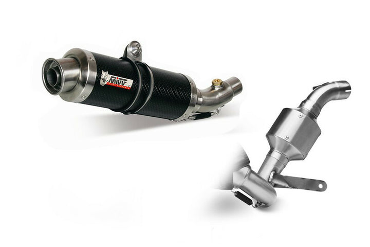 MIVV GP Full Exhaust System - KTM 390 Duke 00.73.KT.012.L2S i rostfritt stål med kolfiberfinish, komplett avgassystem för motorcykel.