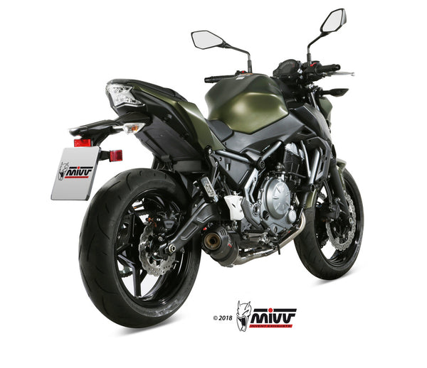 MIVV Oval Full Exhaust System monterad på Kawasaki Z650 K.044.L3C, visad bakifrån med sportig design och högkvalitativt avgassystem.