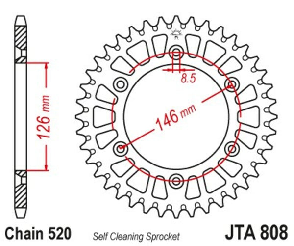 JT Sprockin alumiini Ultra-Light itsepuhdistuu takapöytä 808-520 JTA808.49BLK