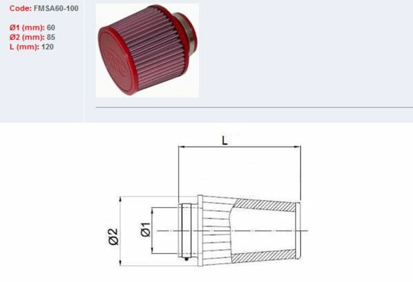 BMC Air -suodatin kapeneva Ø60mm-FMSA60-100 FMSA60-100