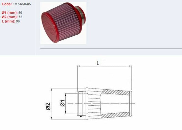 BMC Air -suodatin kapeneva Ø50mm-FMSA50-85 FMSA50-85