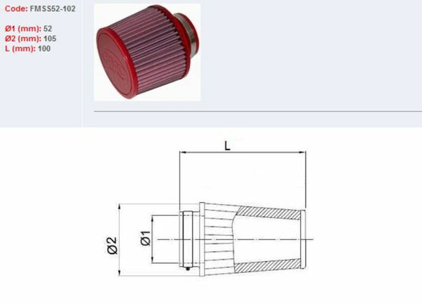 BMC Air -suodatin kapeneva Ø52mm-SS52-102 FMS52-102
