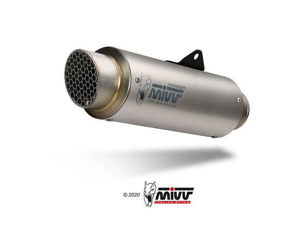 MIVV GP PRO Full Exhaust System - Honda CB125R H.077.L6P i titanfinish med bikakemönstrad ände, perfekt för sportig prestanda och stil.