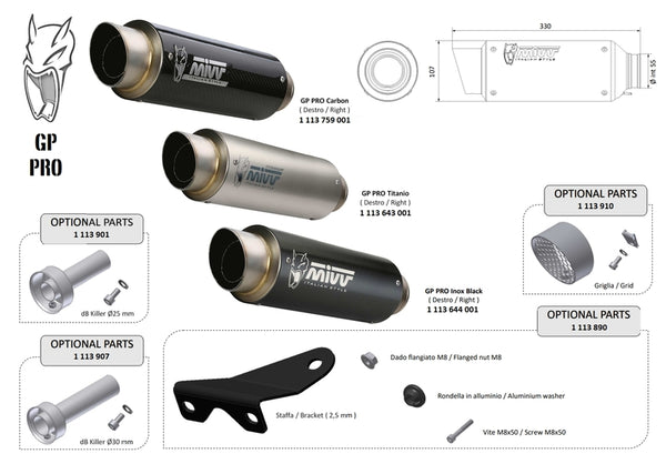 MIVV GP Pro Universal Silencer - Right Side 00.73.KU.001.S6P i kolfiber, titan och svart finish med tillbehör och mått för motorcykelavgassystem.