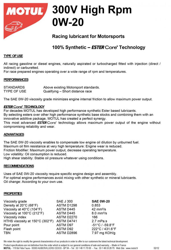 Motul 300V korkea kierrosluku 0W20 2L (10 kpl/pahvi)