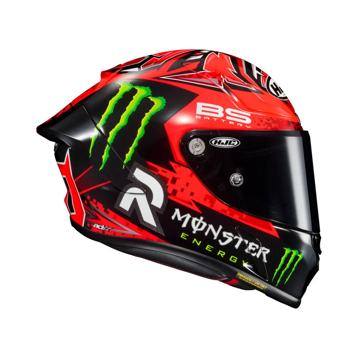 HJC Integral Mc-Hjälm RPHA 1 Fabio Quartararo Replica med sidovy som visar detaljerad grafik och Monster Energy-logotyp.