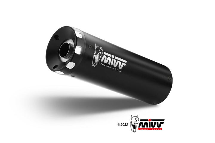 Närbild av MIVV HR-1 Full Exhaust System Y.075.LH1BA ljuddämpare i svart aluminium, idealisk reservdel för motorcyklar.