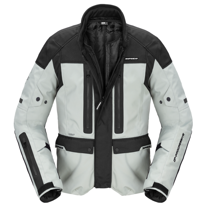 Spidi Textil Mc-Jacka Traveler 3 Grå med grå och svarta paneler, framifrån med dragkedjor och ventilationsöppningar. Perfekt för motorcykelåkning.