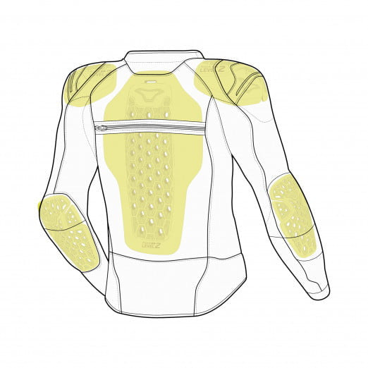 Illustration av Macna Skyddströja Korus Grå som visar inbyggda skydd vid rygg, axlar och armbågar för maximalt skydd vid motorcykelkörning.