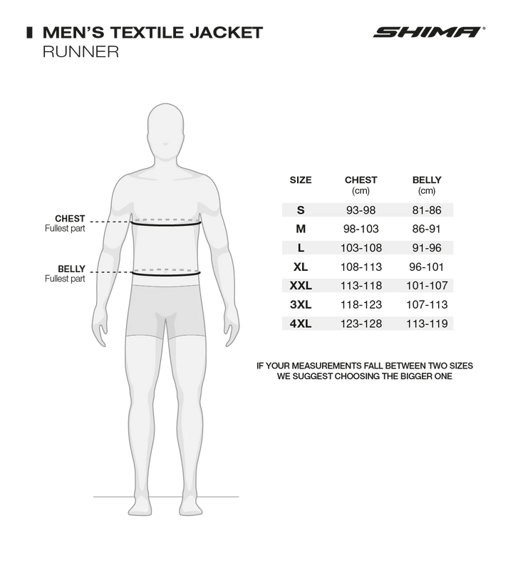 Storlekstabell för Shima Textil Mc-Jacka Runner Svart med mått för S till 4XL. Hjälper till att välja rätt storlek för motorcykeljackan.