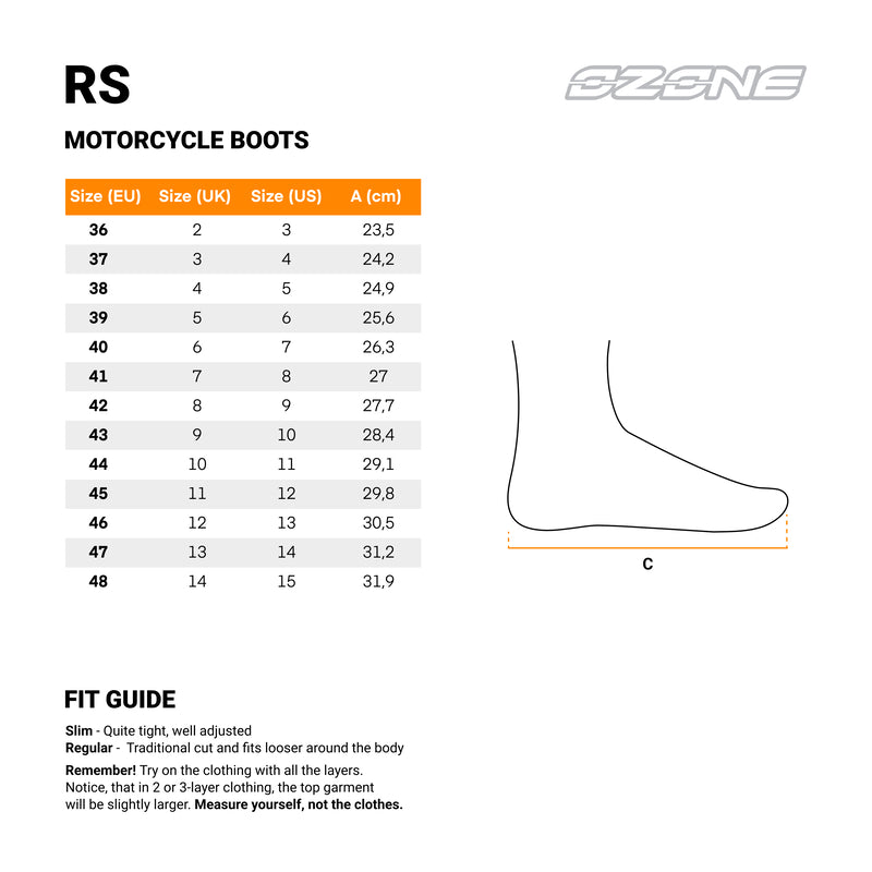 Storleksguide för Ozone Unisex Sport Mc-Stövlar, med EU-, UK- och US-storlekar samt fotmått i centimeter.