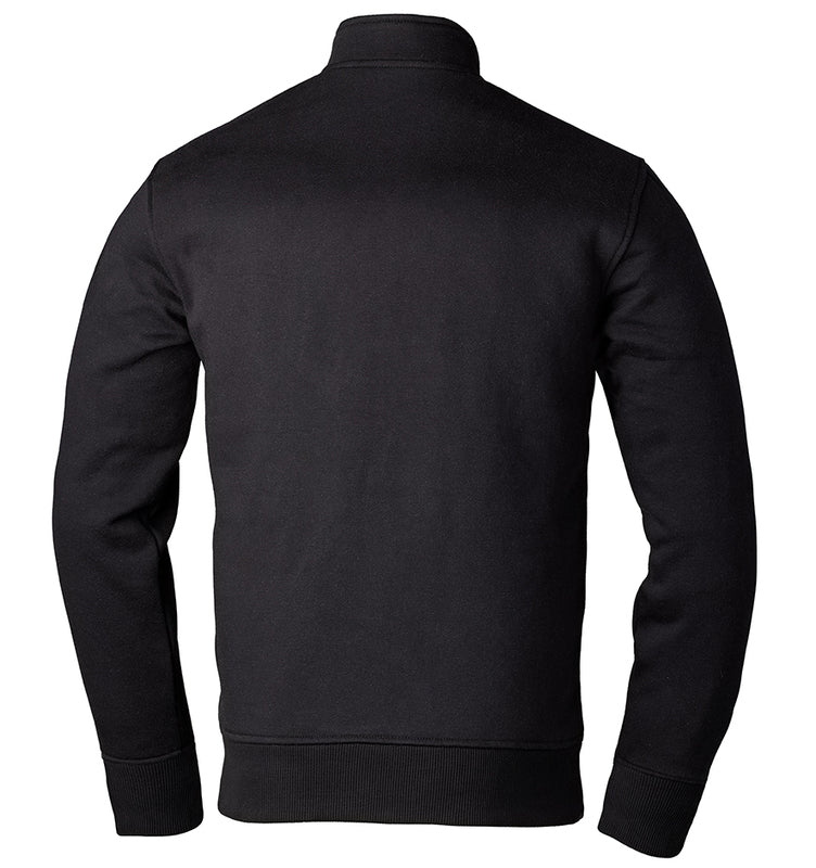 Baksidan av RST Kevlar Mc-Hoodie Single Layer Svart med enkel och stilren design. Perfekt för motorcykelentusiaster som söker säkerhet och komfort.