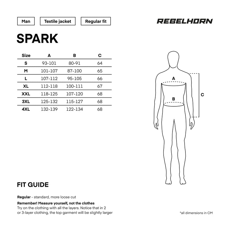 Storleksguide för Rebelhorn Textil Mc-Jacka Spark Svart/Grå med mått och passform för män i olika storlekar.