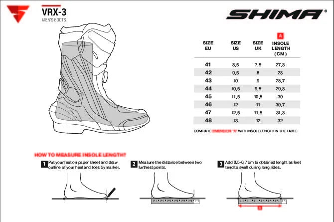 Storlekstabell för Shima Sport Mc-Stövlar VRX-3 Svart/Röd med EU- och UK-storlekar samt innersulelängd i cm. Inkluderar mätinstruktioner för korrekt passform.