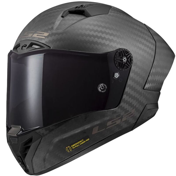 LS2 Integral Mc-Hjälm Carbon Thunder GP Pro med kolfiberskal, mörkt visir och aerodynamisk design för motorcykelsäkerhet.