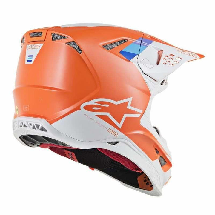 Baksidan av Alpinestars Cross Mc-Hjälm Supertech S-M8 i orange och vit. Ergonomisk design med ventilationssystem och högkvalitativa material för komfort.