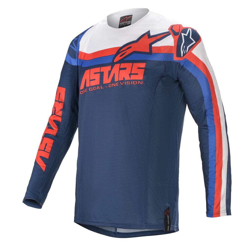 Alpinestars Crosströja Techstar Venom i blått, vitt och rött med långärmad design och ventilerande material för motocrossförare.