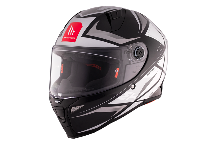 MT Helmets Integral Mc-Hjälm Revenge 2 Hatax B2 med modern svart och vit design, visir och ventilationssystem, storlek L till XXL.