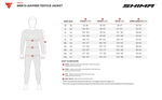 Storlekstabell för Shima Textil Mc-Jacka Rush 2.0 Vented Grå/Flu med mått för olika storlekar från S till 6XL.