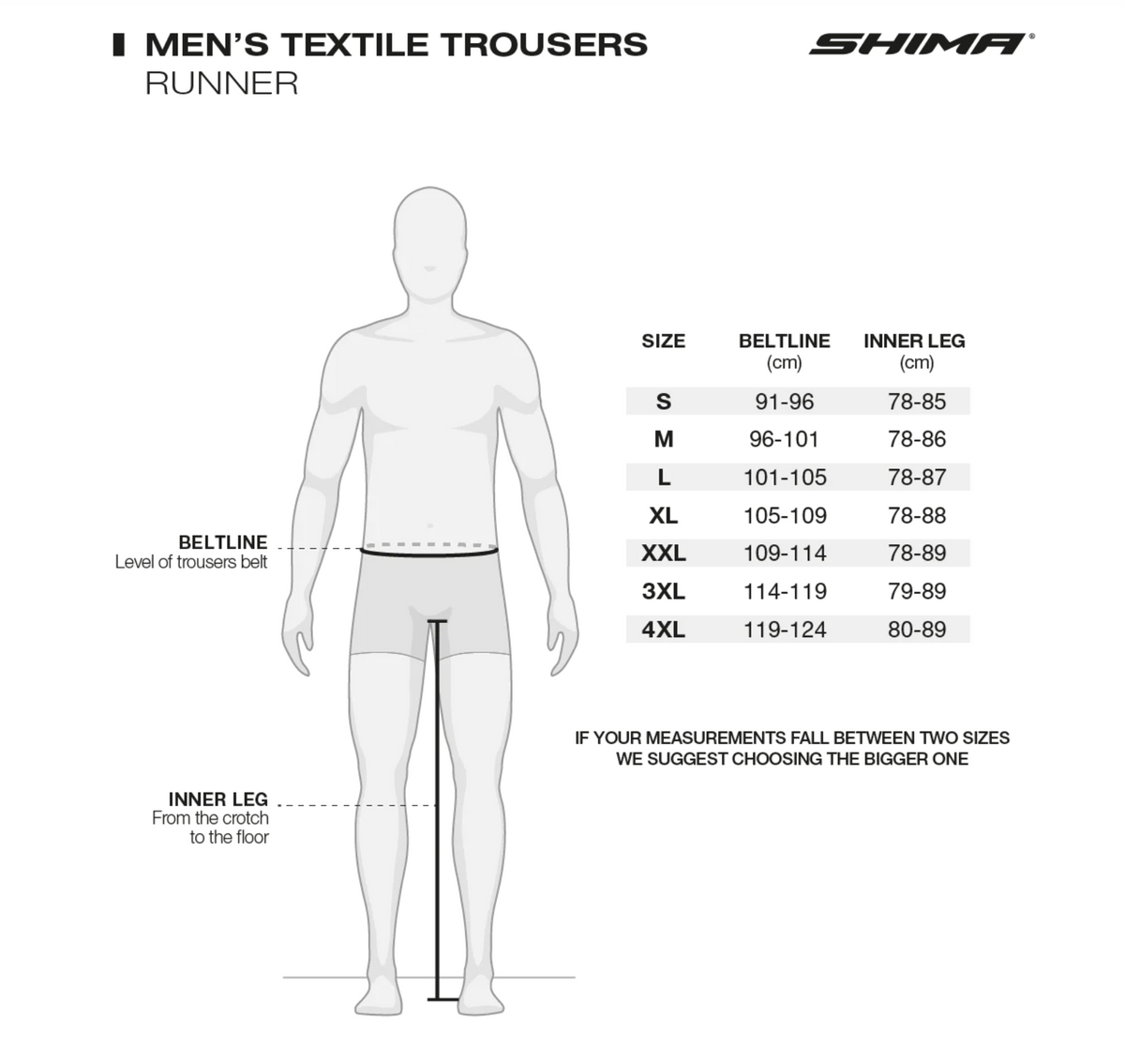 Storlekstabell för Shima Textil Mc-Byxor Runner Svart med mått för midja och innerbenslängd i olika storlekar.
