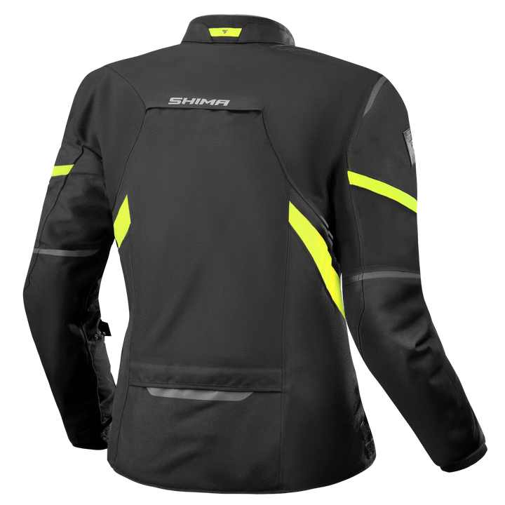 Shima Dam Textil Mc-Jacka Rush 2.0 Svart/Flu bakifrån med fluorescerande gula inslag och ergonomisk passform för motorcykelsäkerhet.