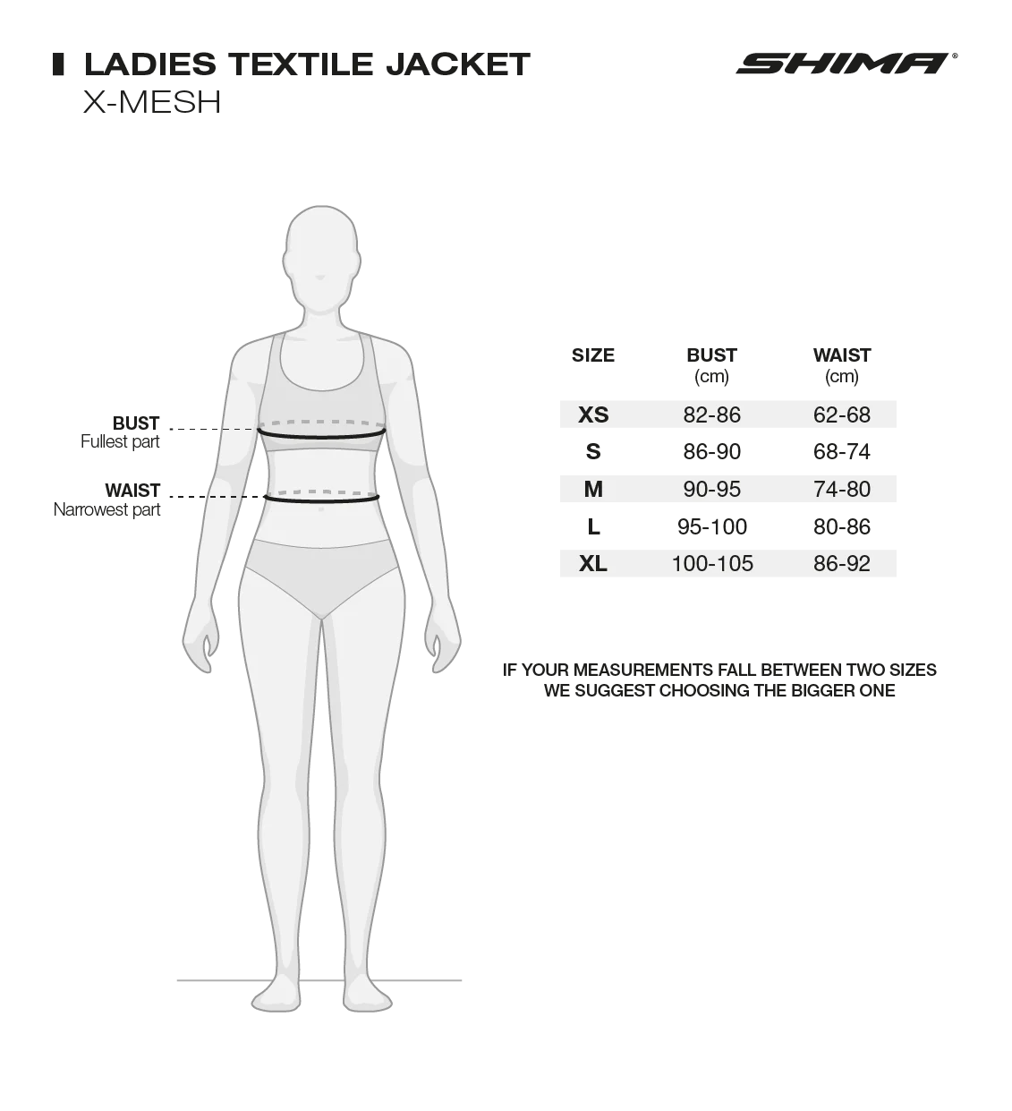 Storlekstabell för Shima Dam Textil Mc-Jacka X-Mesh 2.0 Svart, med mått för XS, S, M och L. Inkluderar bröst-, midje- och höftmått.