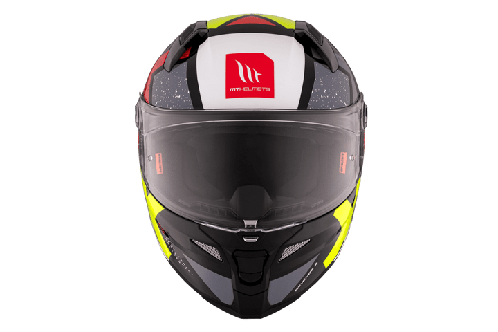 Frontal vy av MT Helmets Revenge 2 Hjälm med aerodynamisk design, klart visir och högkvalitativ ventilation för optimal komfort.