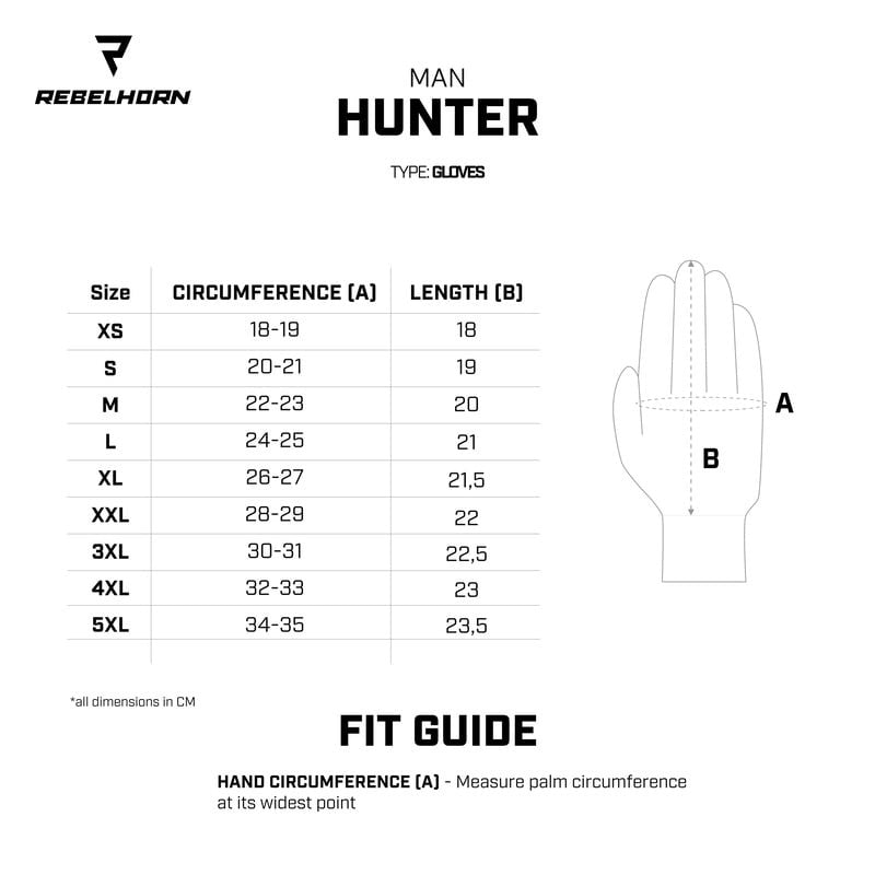 Storleksguide för Rebelhorn Mc-Handskar Hunter med handomkrets och längdmått i cm. Hjälper dig att välja rätt storlek för optimal passform.